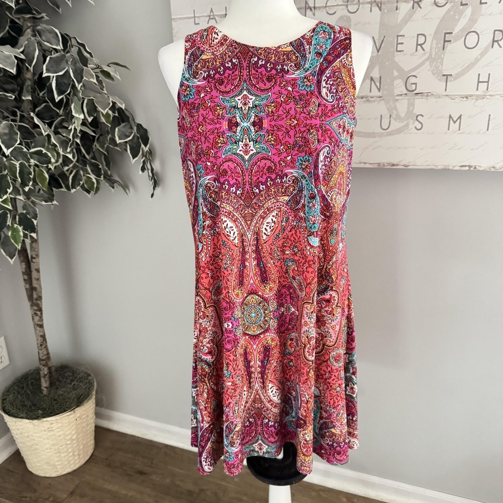 Anne Klein Dress Womens 8 Pink Paisley Sleeveless Swing Lined Jersey Trapeze